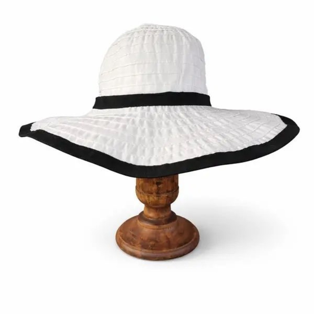 Kallina Sun Hat White Black Trim UPF 50+ Wide Brim Bow Packable Resort Beachwear